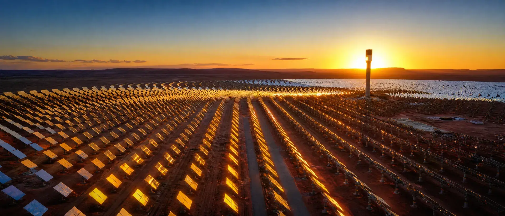 Concept render of heliostat mirrors catching first light against a Pilbara-style dawn sky