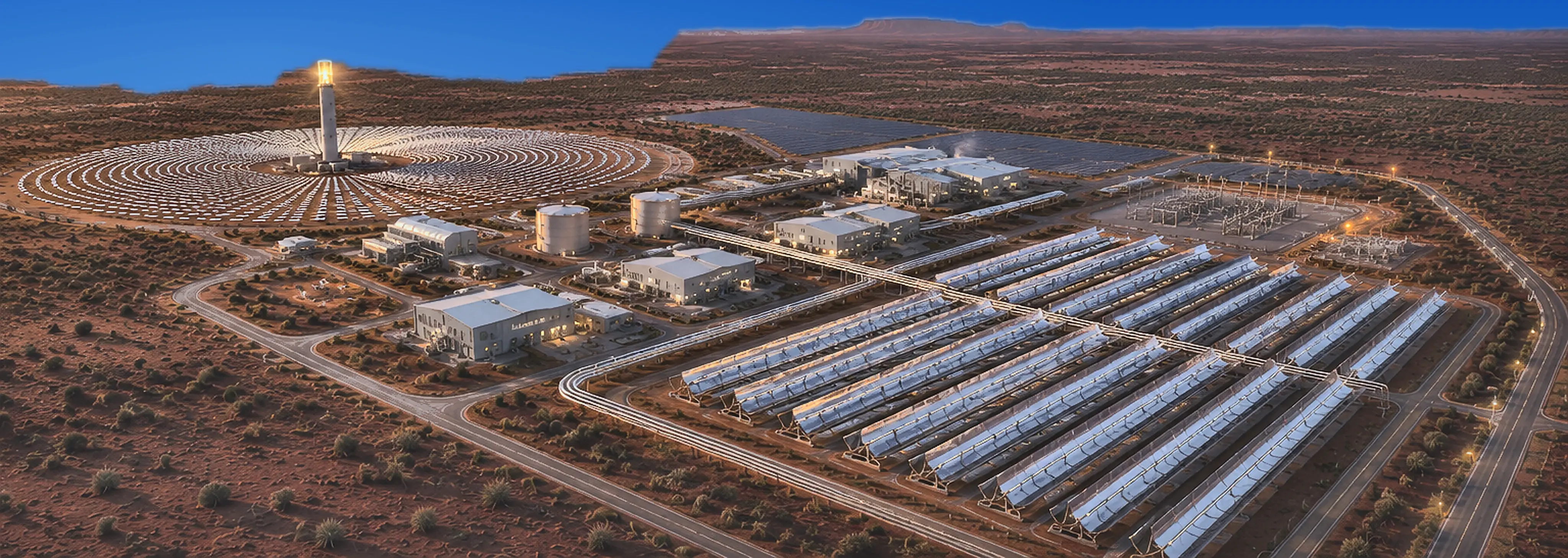 Concept render, high aerial masterplan view of a hybrid solar park: tower and heliostat rings, parabolic trough rows and PV arrays laid out across red-earth country