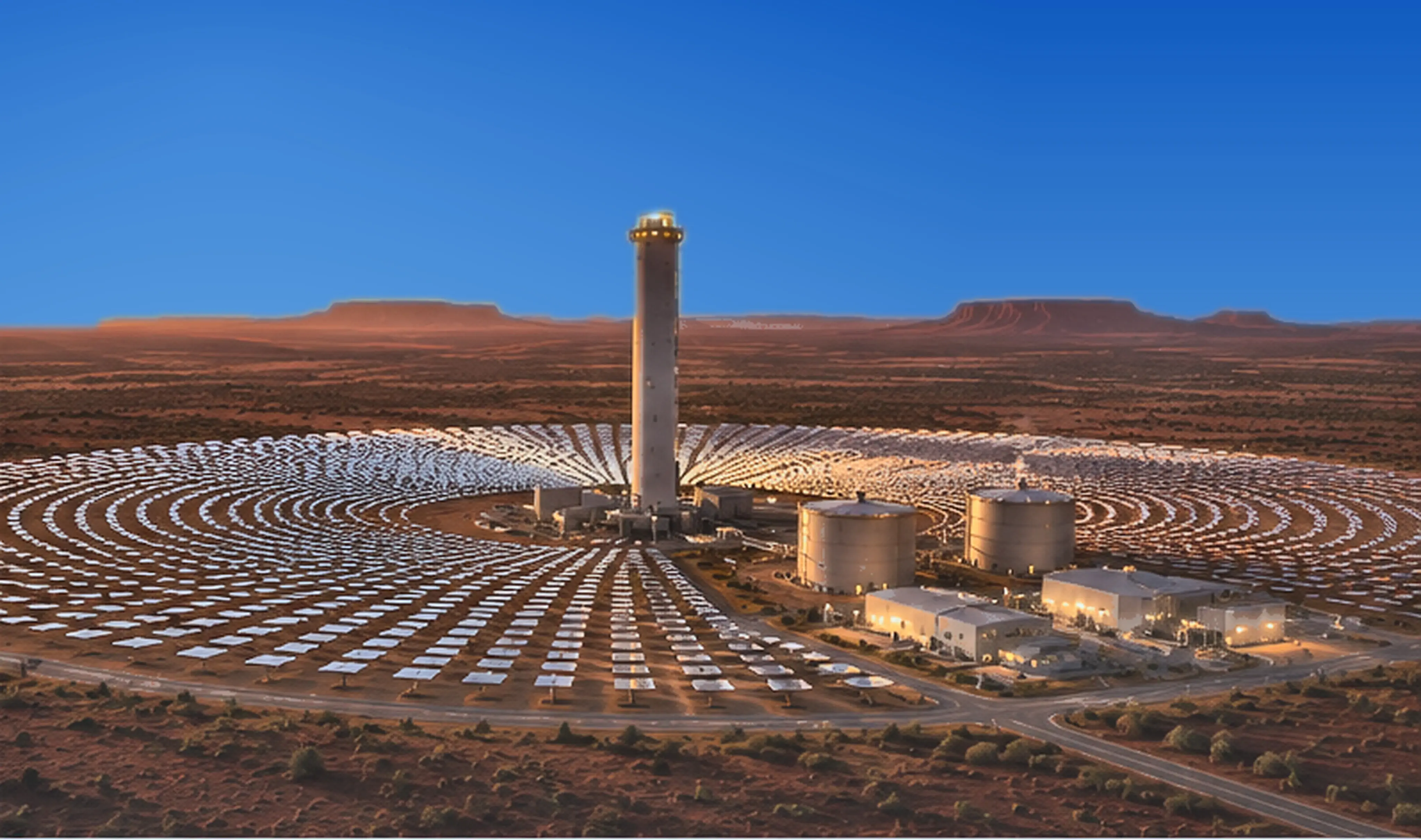 Concept render of a central-receiver tower above rings of heliostat mirrors