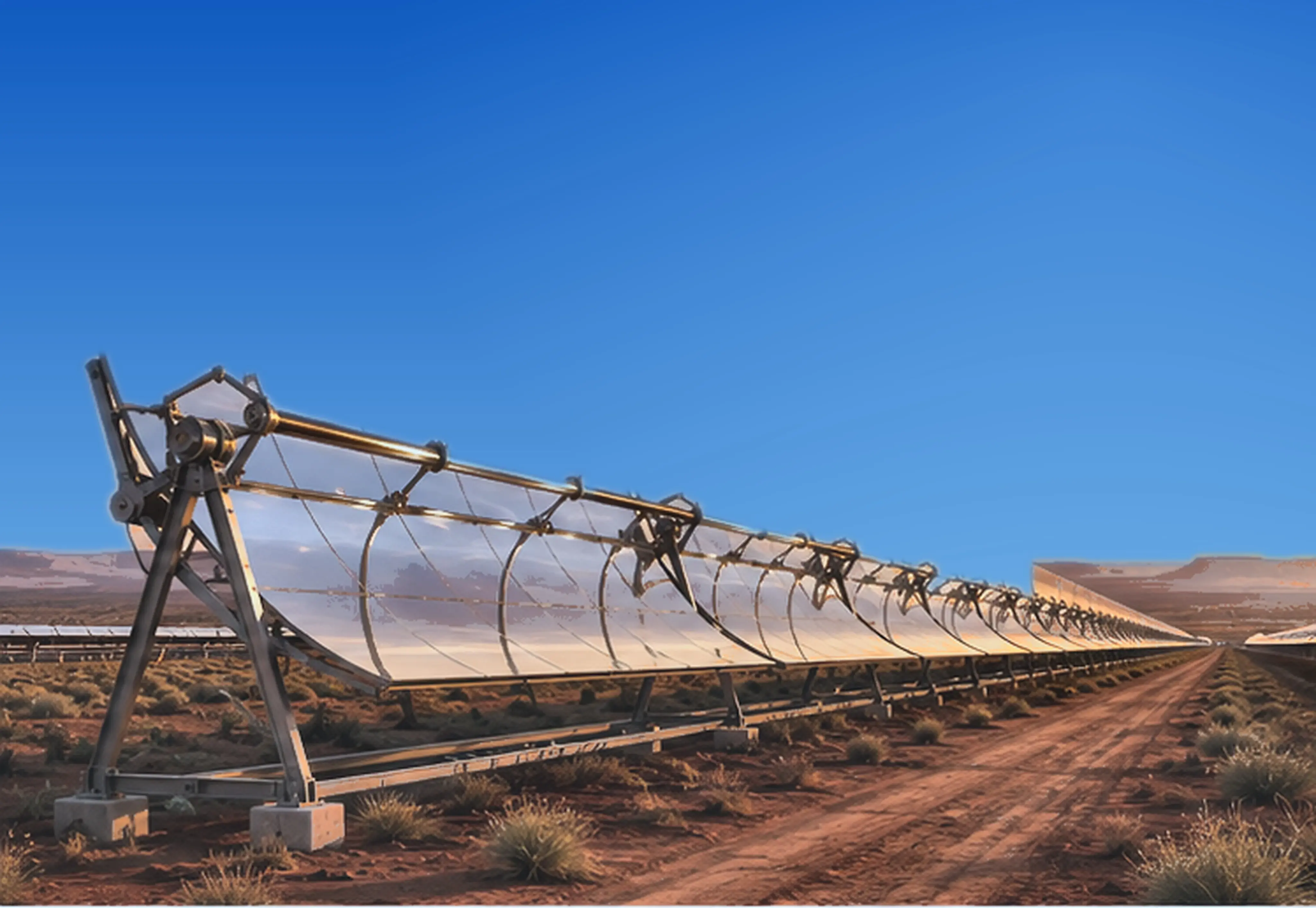 Concept render, close view of curved parabolic trough mirrors focusing sunlight onto a receiver tube